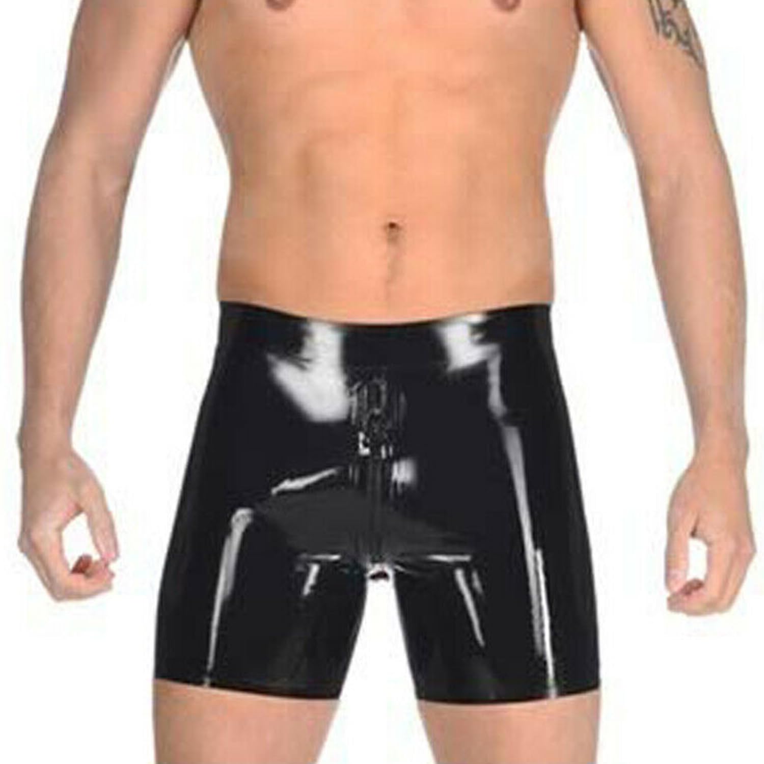 Short en latex noir pour homme avec fermeture éclair à l'entrejambe avant avec anus rouge anal préservatif moyen pantalon serré haute élastique
