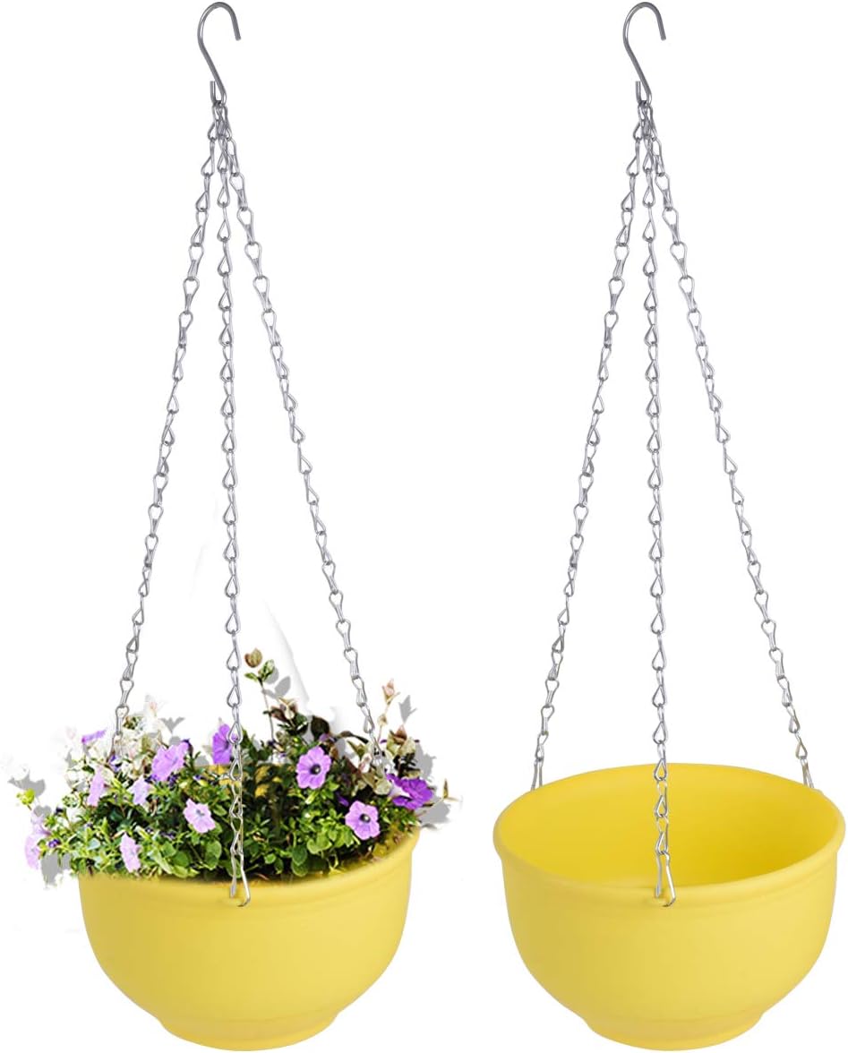 Vencer Set of 2 Metal Hanging Planter Imitation Ceramic Plastic Flowerpot 9.3 inch Water Permeable Type,Round Shape,Yellow,VF-075Y
