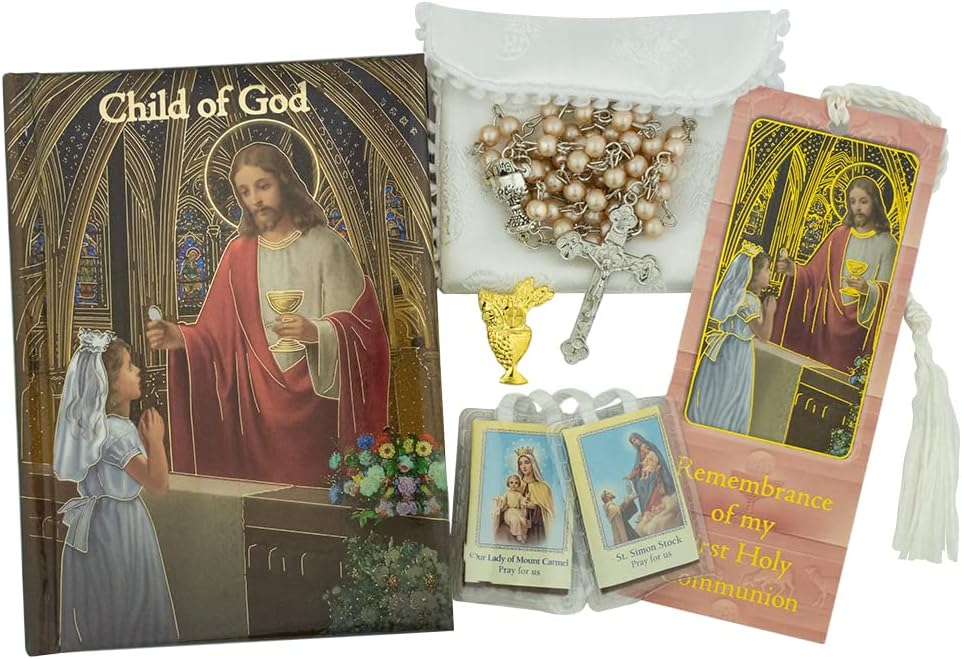 First Holy Communion Gift Set | Catholic Prayer Kit for Children | Includes Mass Missal, Bookmark, Scapular, Rosary, Pouch, and Pin | Black, Rose, or White for Boys and Girls (Rose)