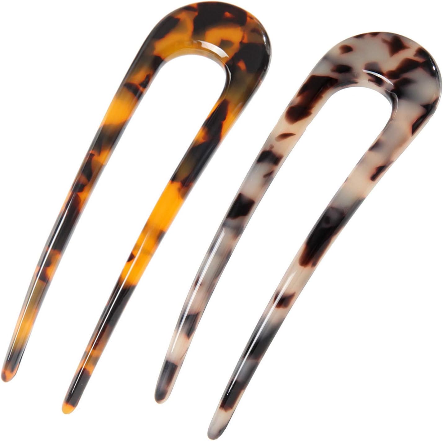 Fsmiling French Hair Pins Tortoise Shell U Shaped 2 Prong Hair Sticks Acetate Chignon Pin for Women Hairstyle Accessories 2 Pack
