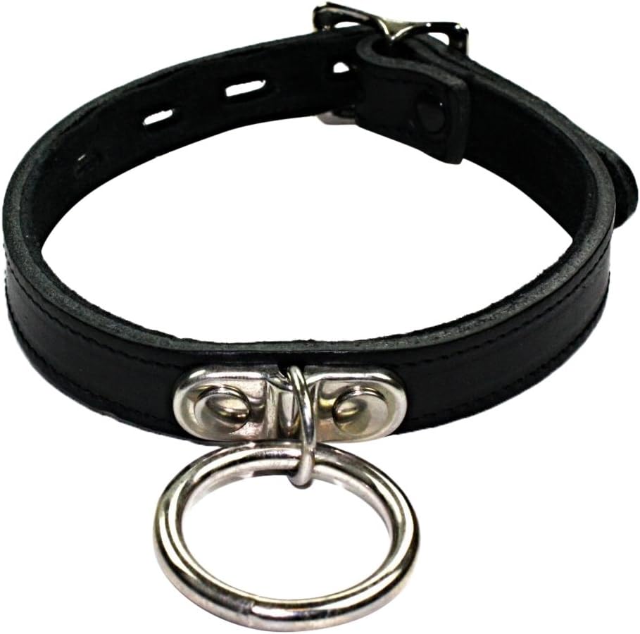 Slap Leather Small Neck Collar with Ring in Black Leather with Black Suede Lining