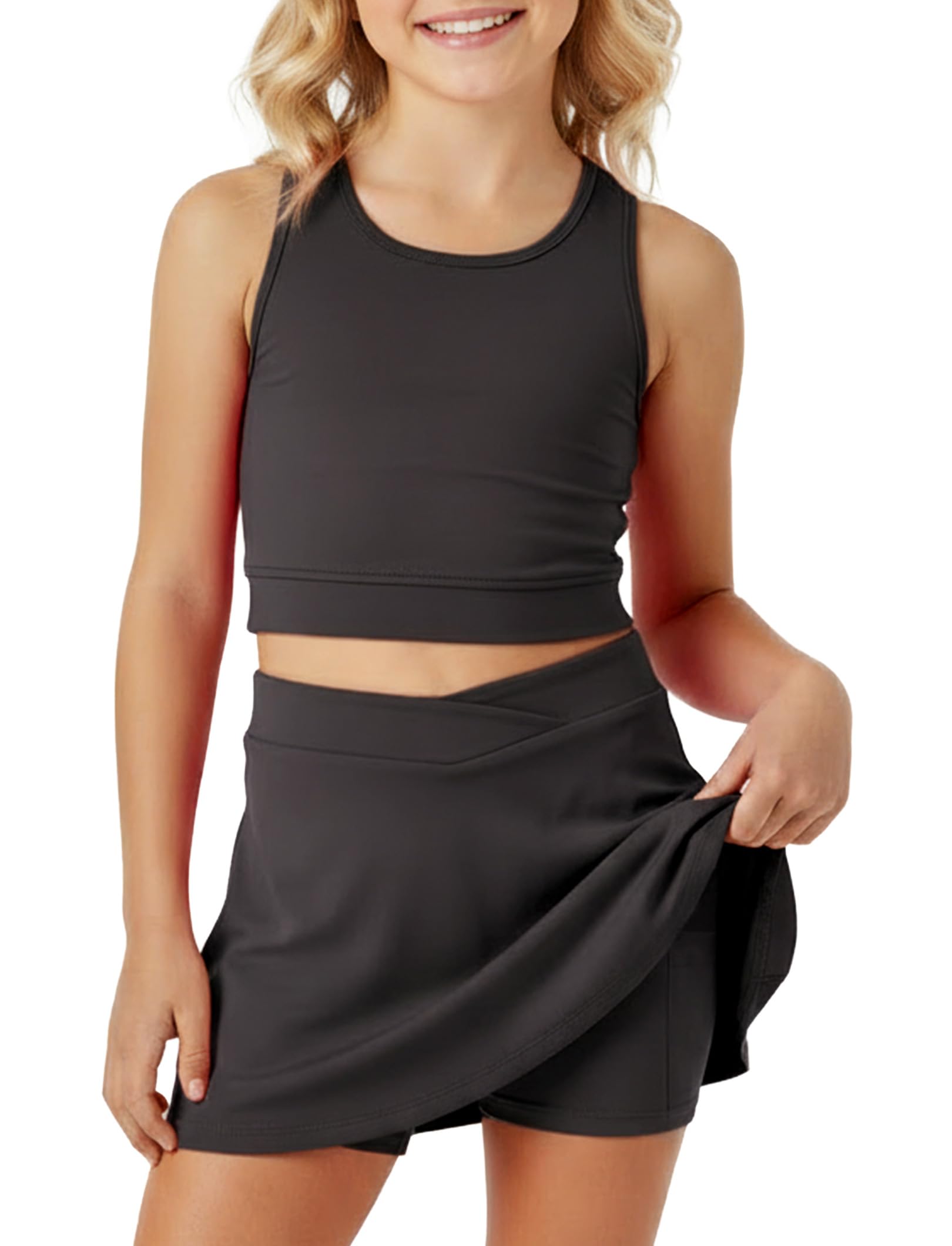PATPAT Girls Skirts Sets 6-14 Years 2 Piece Tennis Outfits Crop Tank Tops and Skorts with Built in