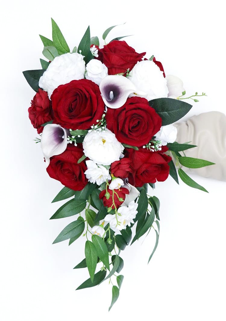 Hochzeit Blumenstrauß für Braut,Wasser Tropfen Wasserfall Brautstrauß künstliche Blumen halten Blumen für Zeremonie Jahrestag Hochzeit Dekoration (Weißwein Rot)