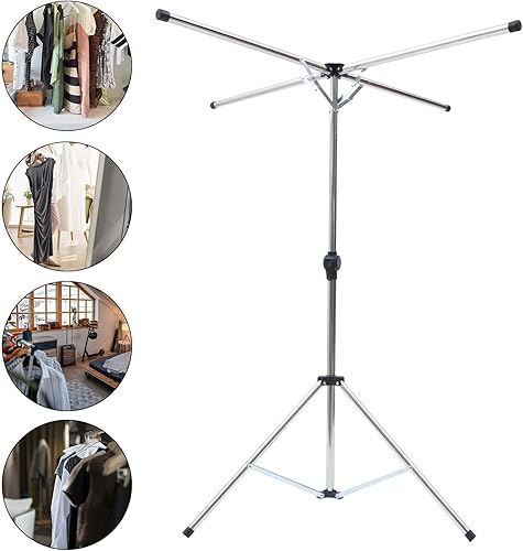 Miniatura 2 de Xuthusman Estante de secado plegable de metal plateado en forma de X con 10 ganchos resistentes al viento para habitaciones/balcón, 49.61 pulgadas