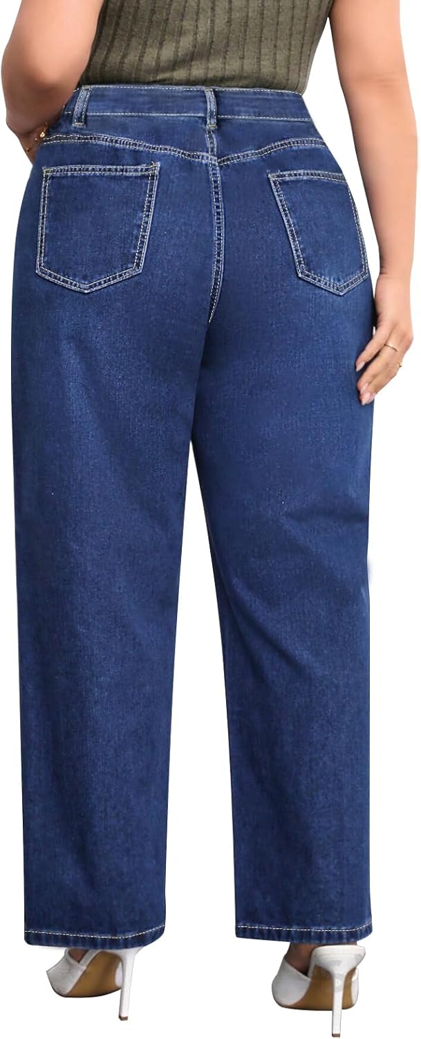 Plus Size Wide Leg Jeans for Women High Waist High Stretchy Extra Full Length Denim Jeans Pants Dark Blue - Image 6