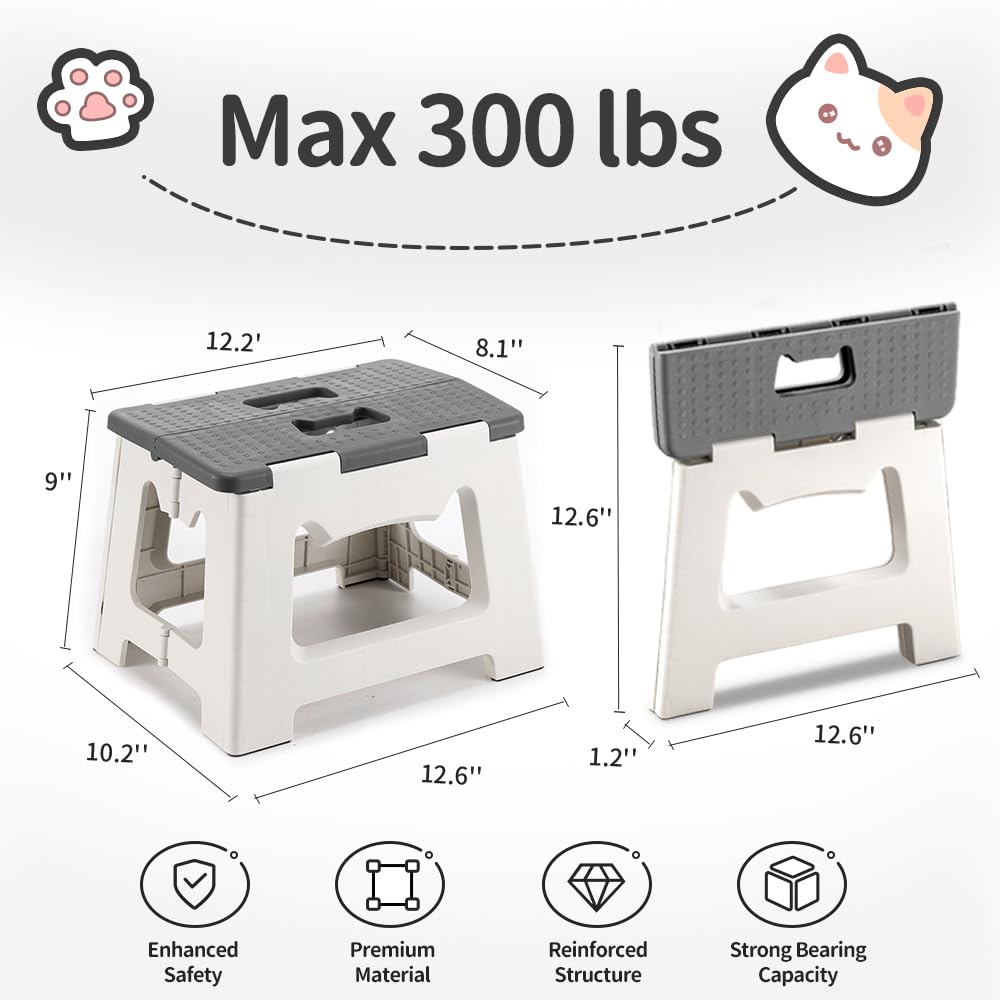 CasaZenith Step Stool Foldable, 9'' Folding Step Stool for Kids & Adults 300 Lb Capacity, Lightweight Small Collapsible Step Stools with Handle, Stepping Stools Suitable for Kitchen Bathroom (Gray)
