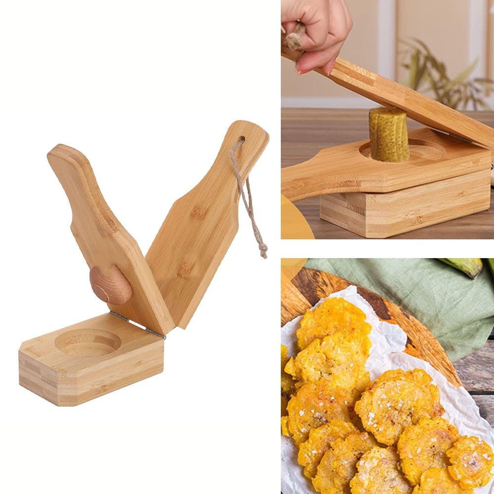 Presse à plantain Tostonera en bois - Design 2 en 1 - 16 x 6 x 6 cm - Facile à utiliser - Bois écologique - Pour faire des tostones et des copeaux de plantain