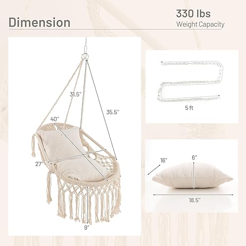 Miniatura 7 de Giantex Silla columpio de macramé, columpio colgante de porche con cojines de asiento suaves, cuerda de algodón y kits de herramientas, soporta