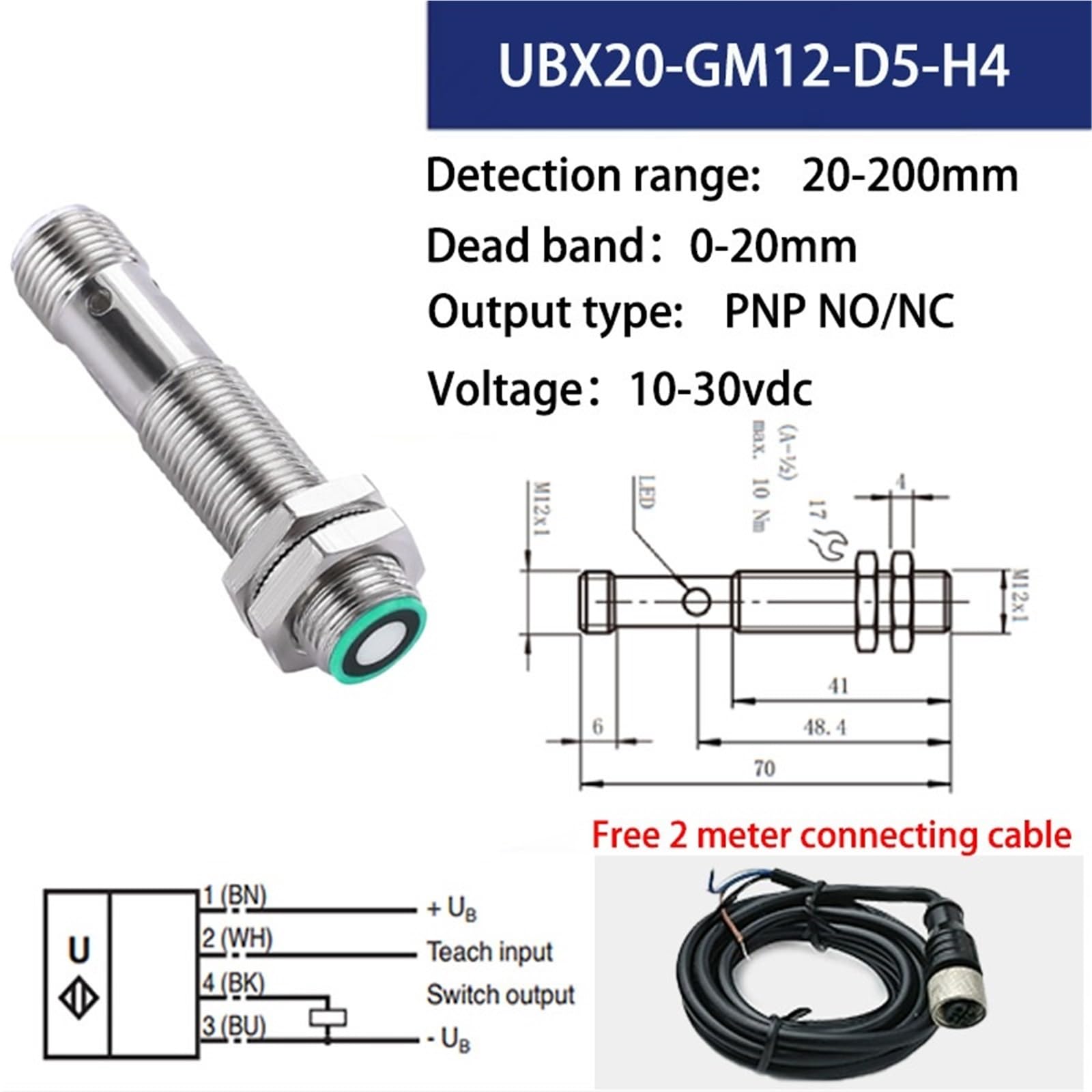 Sensor de proximidad ultrasónico M12, 1 unidad, Sn: 30 mm-400 mm, NPN, PNP, 10-30 V CC, GM1240, sensor de distancia ultrasónico(200mm PNP NO NC)