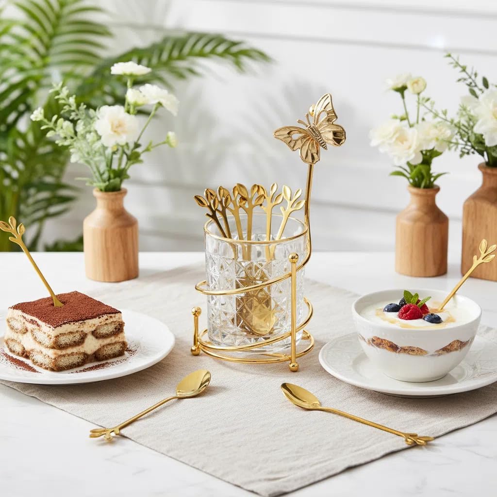 10PCS Coffee Dessert Spoons Set with Glass Holder,Small Stainless Steel Gold Leaf Tea Spoon, Mini Dessert Spoons Set for Fruit,Stirring, Mixing, Sugar, Ice Cream, Cake