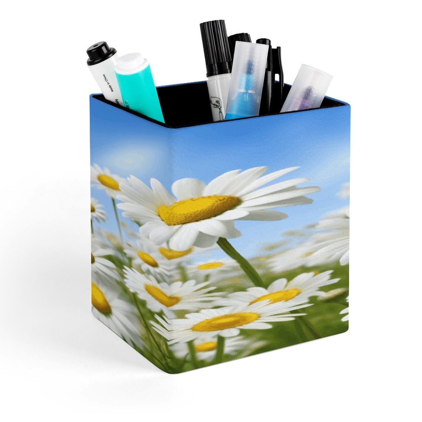 FekiLoot Spring Daisy Flowers Pencil Holder for Desk Square Leather Pen Holder Cup Desktop Organizer Multi-Functional Pencil Cup Holders Modern Decorative Desk Organizer Caddy Makeup Brush Holders
