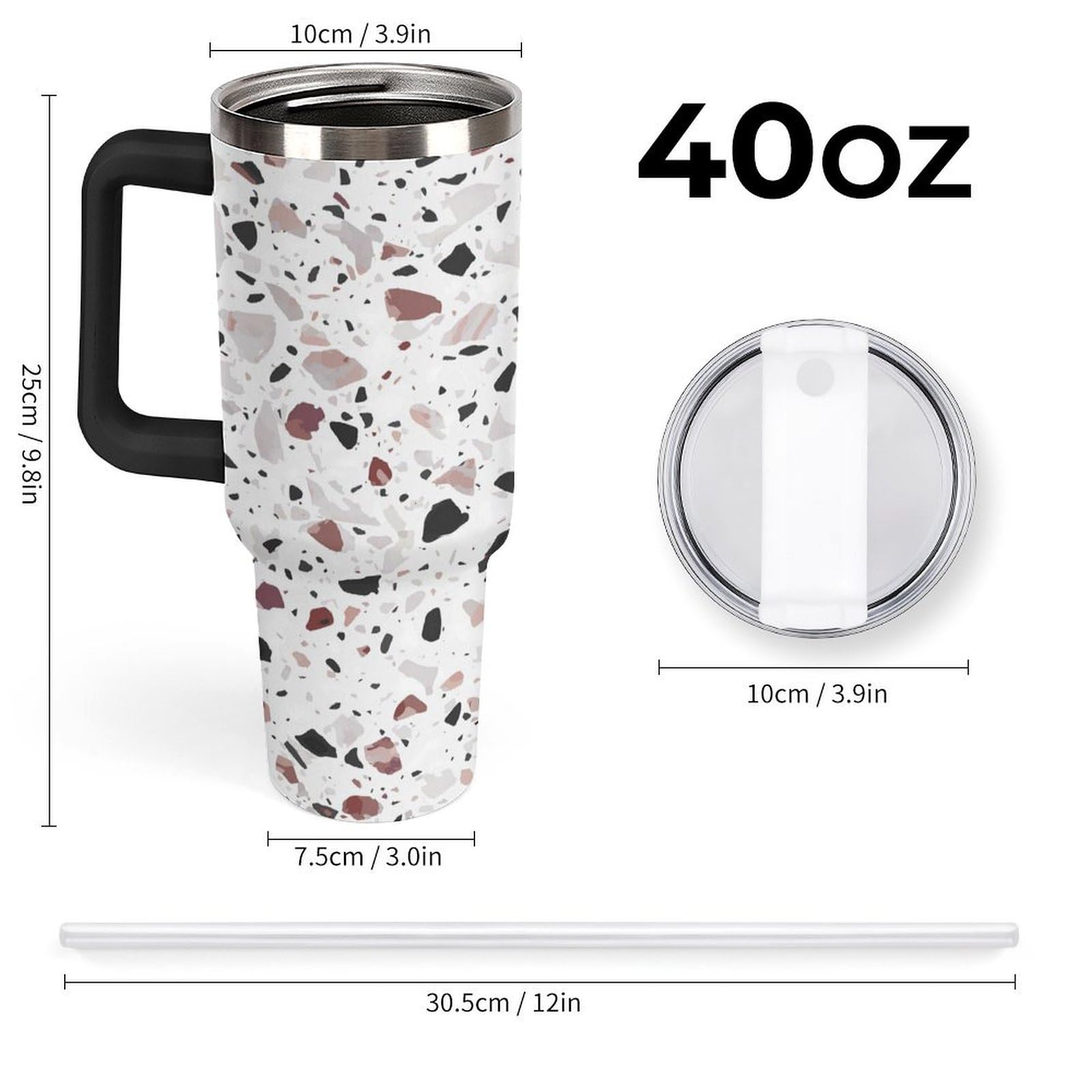 Rote Terrazzo-Becher mit Strohhalm und Griff, doppelwandige Vakuumisolierung, Wasserflaschen für Eiskaffee, Tee, heiße und kalte Getränke