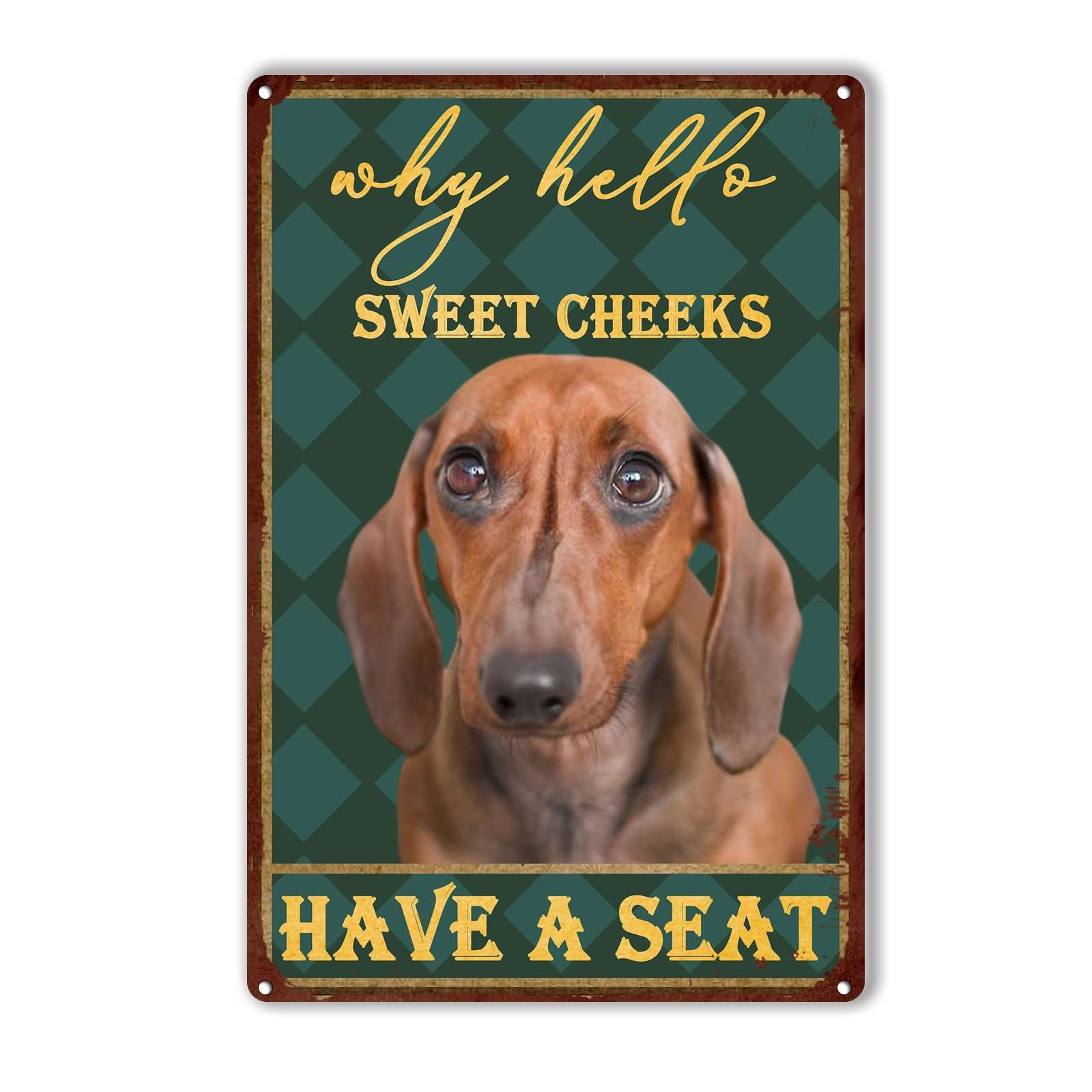 Metal Tin Sign Dachshund Inspired Vintage Decorative Wall Plaque, "Why Hello Sweet Cheeks" Bathroom Poster For Home Bedroom Living Room Bar Cafe Farmhouse Indoor Outdoor Wall Decoration, 12x16 Inch