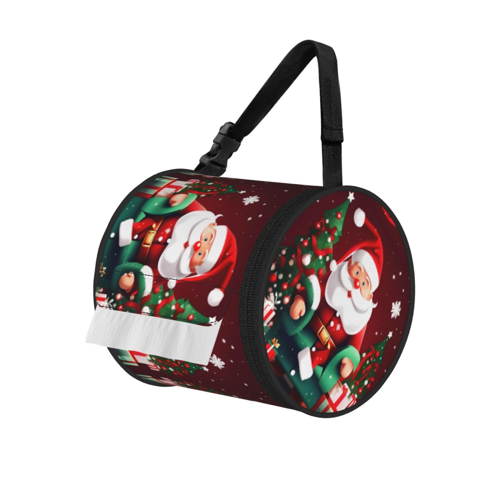 Jiuty Black Merry Christmas Santa Claus Gift Print Cylinder Tissue Organizer Bag With Strap, Portable Toilet Roll Holder For Camping Car