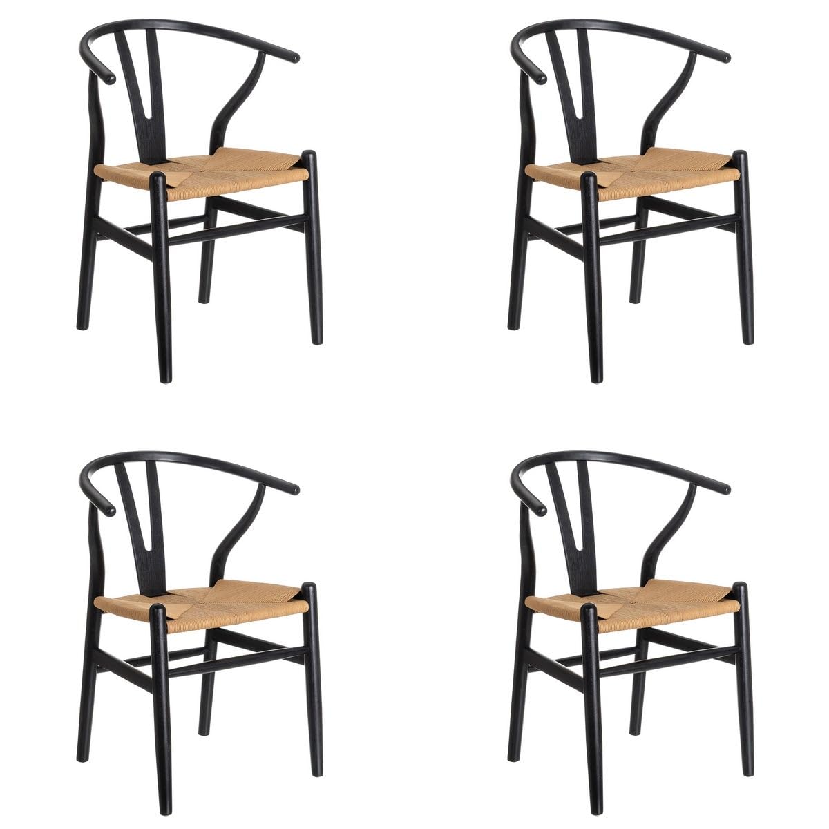 LOLAhome - Pack de 4 sillas de Comedor Ming de Madera de Olmo Color Negro con Asiento de Cuerda de Fibra de Papel en Tono Natural