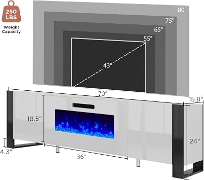 AMERLIFE 70 Modern Fireplace TV Stand with 36 Electric Fireplace | for TVs Up to 80, High Gloss Finish Entertainment Center, LED Lights, U-Shaped Legs, TV Console Cabinet, All White