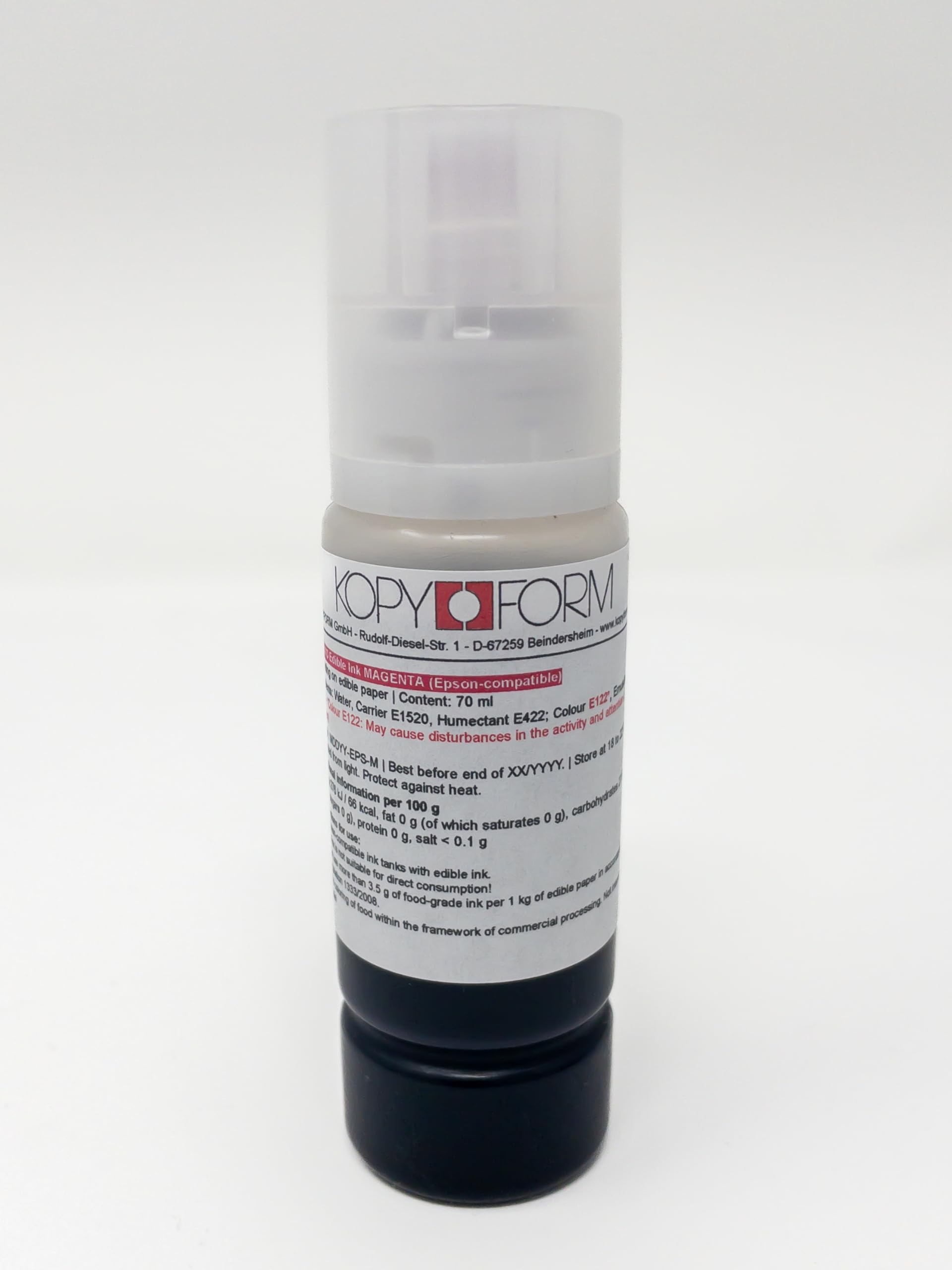 Lebensmitteltinte für EPSON Drucker 4x70ml Set (Schwarz, Gelb, Magenta, Cyan), CISS-Systeme und EcoTank-Drucker der Marke EPSON; mit Adapter für eine leichte Befüllung (KOLE070)
