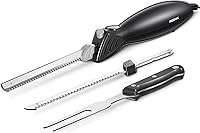 Reemix Z3042 Electric Carving Knife Set: 2 Stainless Blades for Meat, Turkey, Bread & More + Fork (Black)