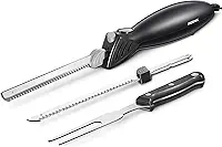 Reemix Faca elétrica, conjunto de facas elétricas Z3042 para esculpir carnes, aves, pão, espuma de artesanato e muito mais, 2 lâminas para carnes e pão, garfo incluído (preto)
