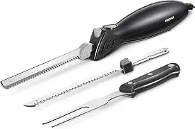 Reemix Faca elétrica, conjunto de facas elétricas Z3042 para esculpir carnes, aves, pão, espuma de artesanato e muito mais, 2 lâminas para carnes e pão, garfo incluído (preto)