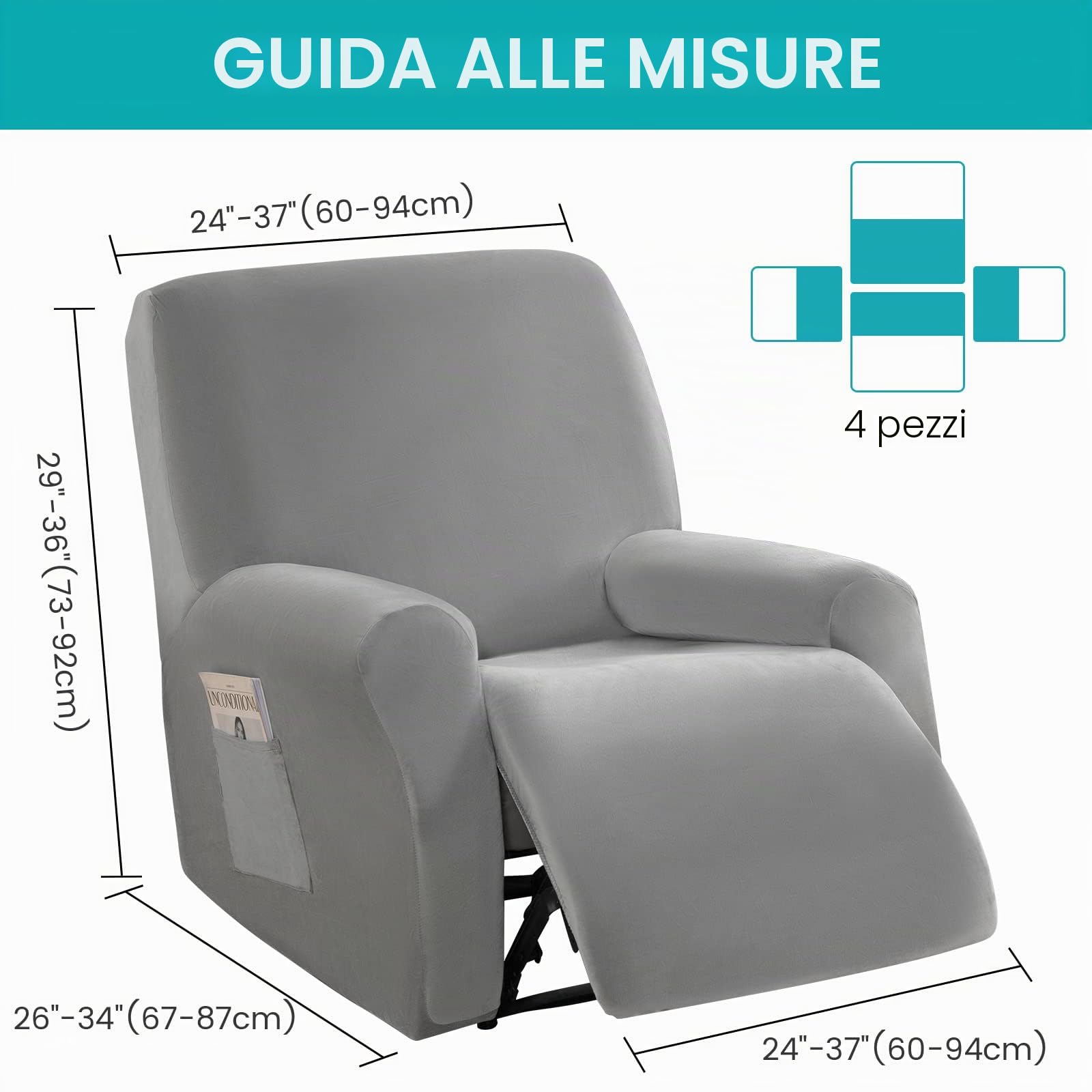 Jianyana Velluto Copripoltrona Relax Reclinabile Universale in 4-Pezzo，Premium Copripoltrona elettrica reclinabile Antiscivolo 1 Posto, Fodera per Poltrona Reclinabile (grigio)