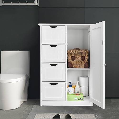 Miniatura 8 de Bonnlo Armario de almacenamiento pequeño de madera para baño, muebles de espacio pequeño, organizador de almacenamiento lateral blanco con 4 cajones