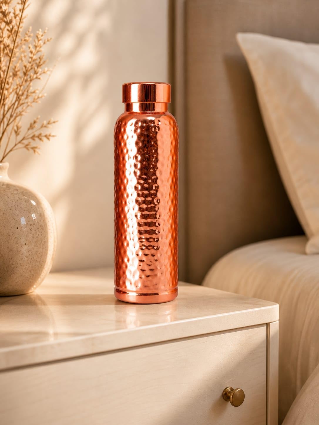 VYLO 100% Pure Copper Water Bottle 34oz(1000ml) | Ayurvedic Drinking Bottle with Leakproof Lid BPA Free | Hammered Design Copper Bottle for Home, Office & Travel