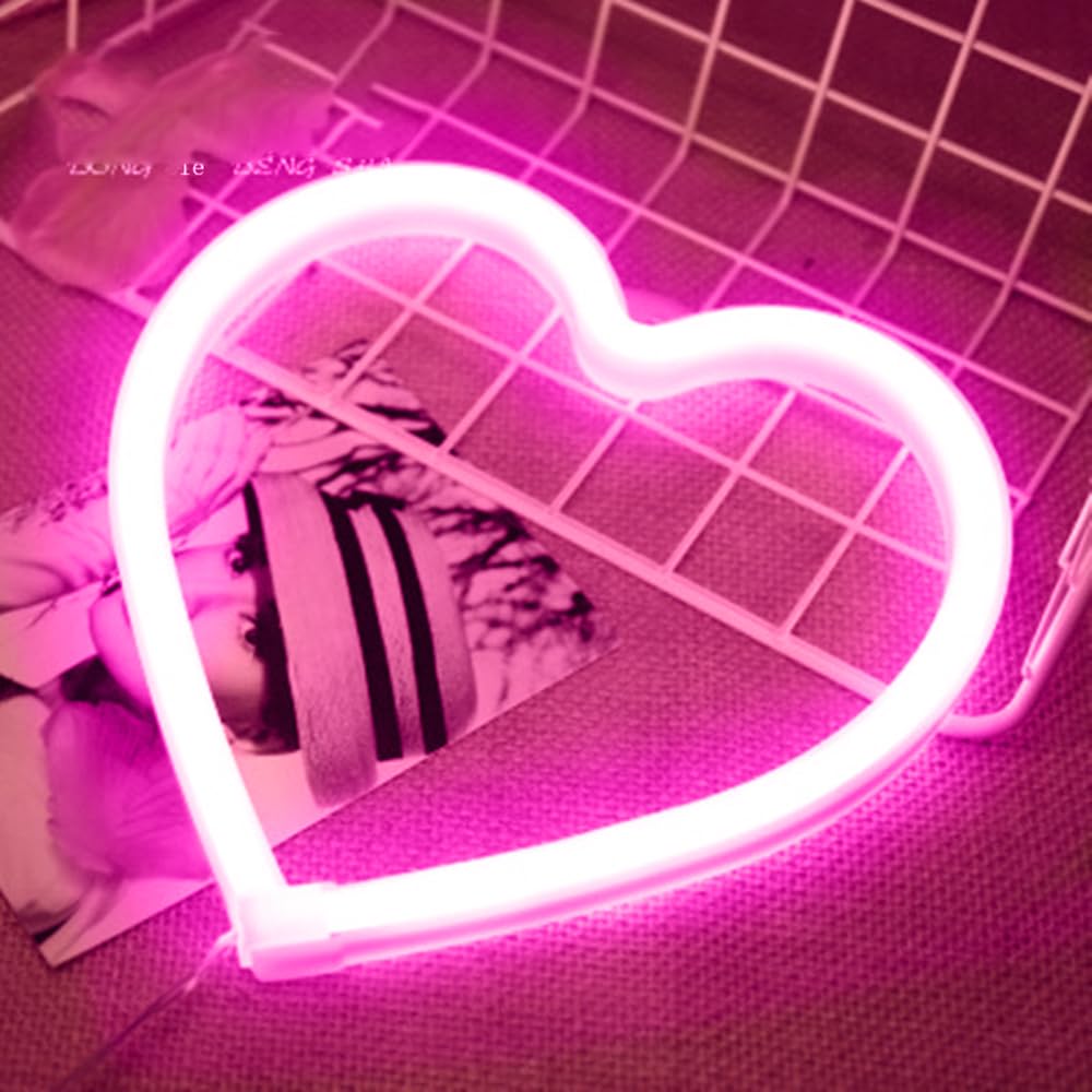 buywin Pink Heart Neon Sign, Battery&USB Powered LED Neon Hanging Decor Heart Shaped Wall Signs for Wedding Bedroom Birthday Party Valentines (Hanging)