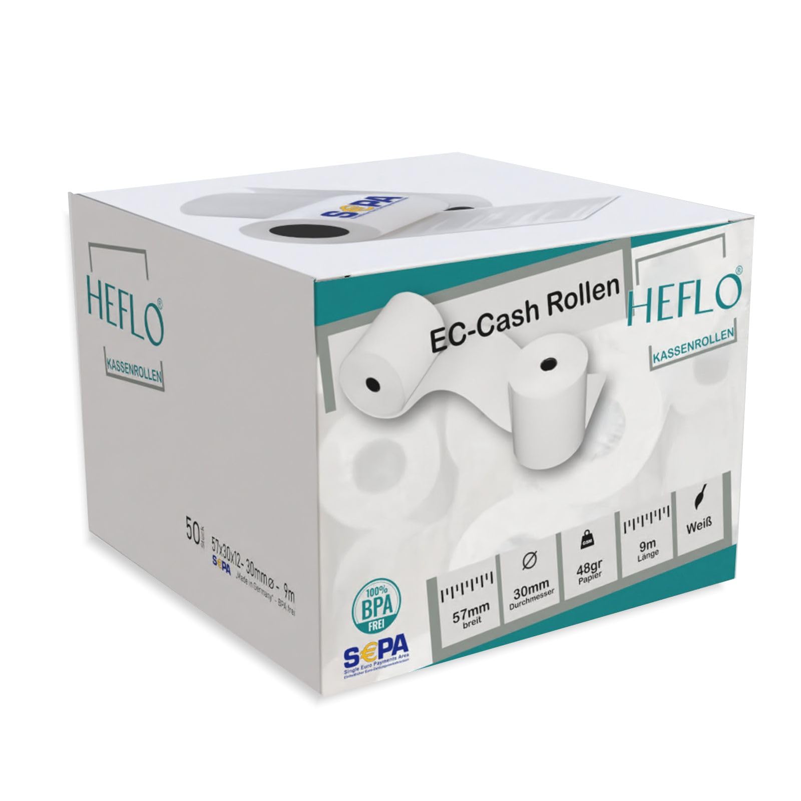 100 x EC Cash Rollen 57 mm x 30 mm x 12 mm, Ø 30 mm, 9 m lang, 48 g, SEPA Text, BPA frei, Bonrollen z. B. für SumUp, Verifone VX 880 und ICP WellPay Taxi