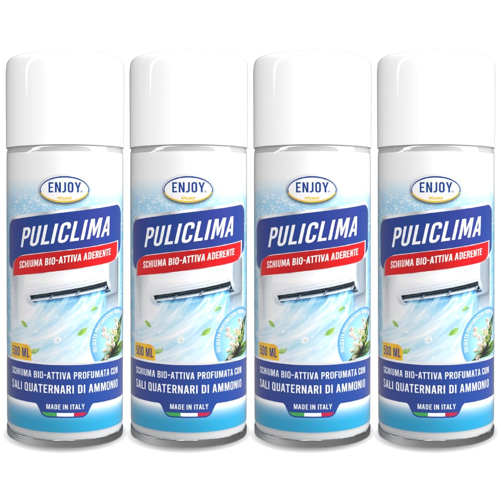 ENJOY HOME PULICLIMA Igienizzante Condizionatori Spray - Schiuma Attiva ai Sali Quaternari di Ammonio per Split e Filtri - Pulitore Professionale Antibatterico al Profumo di Mughetto 500ml x4