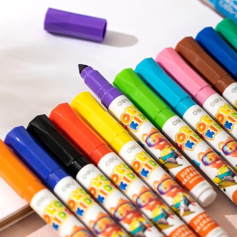 Image of deli EC155-12 Washable Marker | Quick-Drying, Smudge-Free Ink (12 Shades)