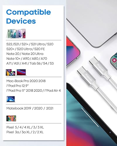 Miniatura 7 de etguuds Cable USB C a USB C blanco de 1 pie, paquete de 2 cables USBC a USBC de 60 W, cable de carga tipo C a C, carga rápida para iPhone 16 15 Pro