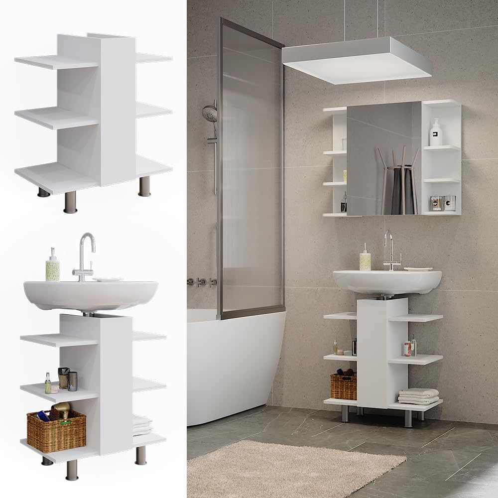 Vicco Mueble bajo Lavabo Fynn, Blanco, 60 x 70 cm | con 6 estantes, montaje en pared para almacenamiento de artículos de baño