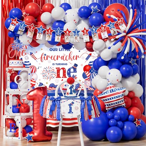 One Little Firecracker 1st Birthday Decorations for Boys,One All American Boy 1st Birthday Party Supplies,Independence Day 4th of July Patriotic Red White and Blue Balloon Garland for One Year Old Boy