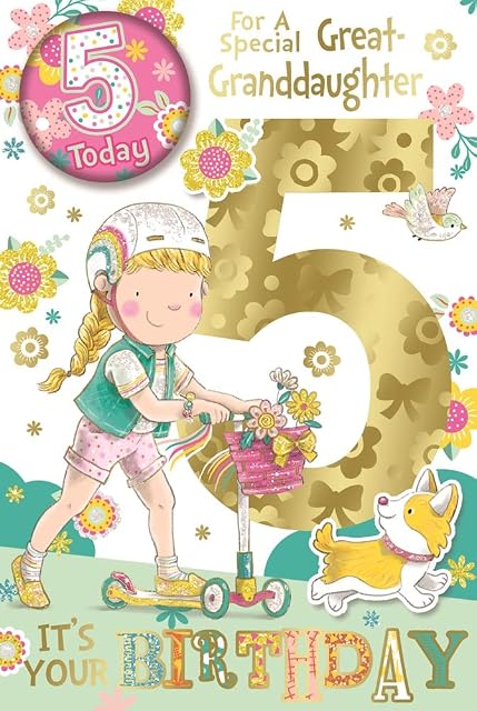 Great Granddaughter 5th Birthday Card & Badge - Girl on Scooter & Dog 9" x 6"
