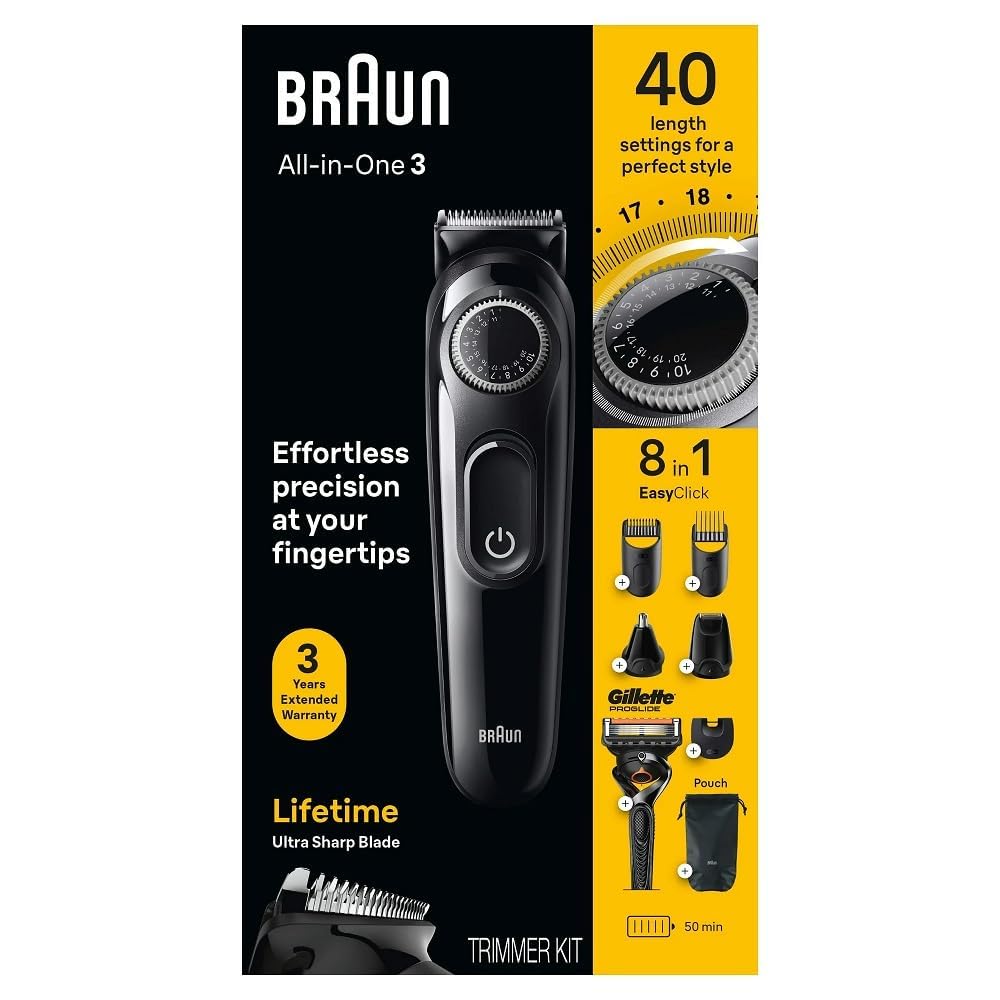Braun All-in-One Style Kit Series 3 3470, 8-in-1 Trimmer for Men with BeardTrimmer, Ear & NoseTrimmer, Hair Clippers & More, Ultra-Sharp Blade, 40 Length Settings, Washable