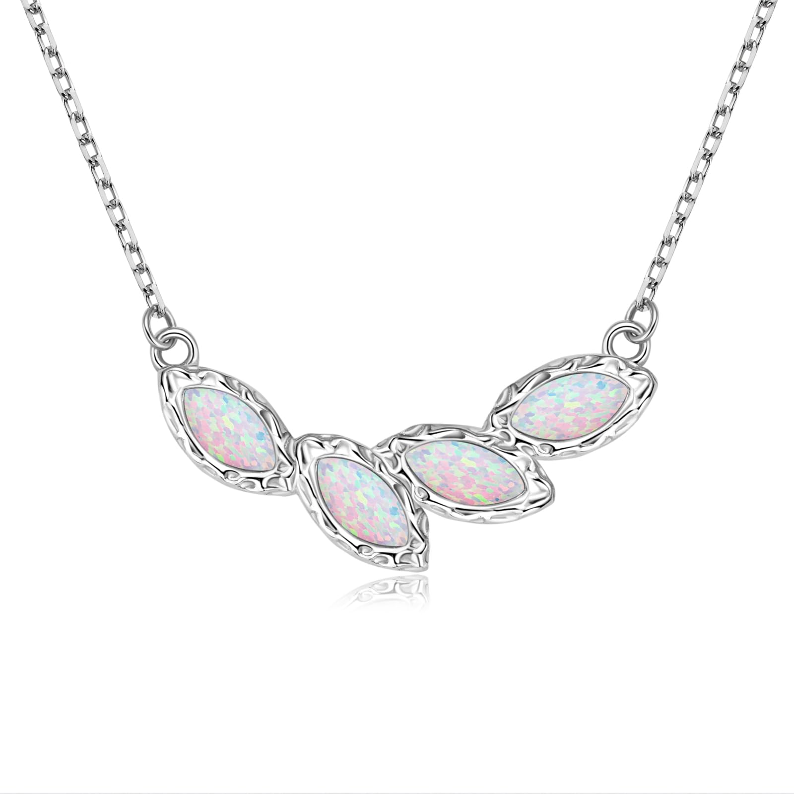 YUNKAI Sterling Silver Opal Necklace, Marquise Cut 4 Stones Pendant Leaf Leaves Opal Necklace October Birthstone Jewelry Gift for Birthday Christmas Mothers Day