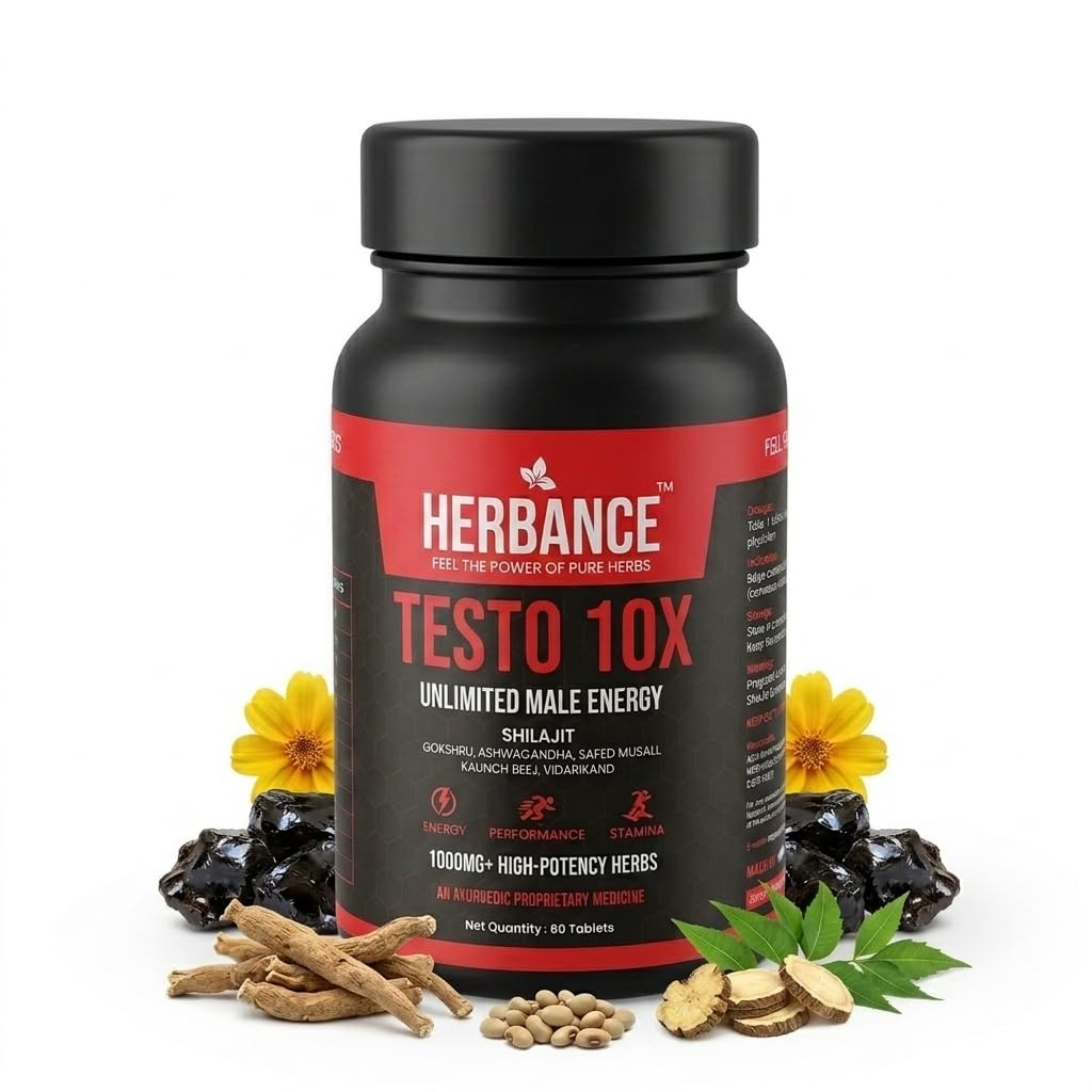 Testo 10X Ayurvedic Testosterone Support for Men | With Shilajit, Ashwagandha, Safed Musli, Kaunch Beej, Gokshura, Vidarikand & Akarkara | Supports Energy, Strength, Stamina, Vitality & Performance |60 Tablets | Pack of 1