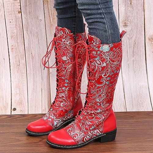 Traveltopp Women's Embroidered Lace up Knee High Cowgirl Boots Retro Ethnic Style Low Heel Mid Side Zipper Western Cowboy Mid Calf Boots3