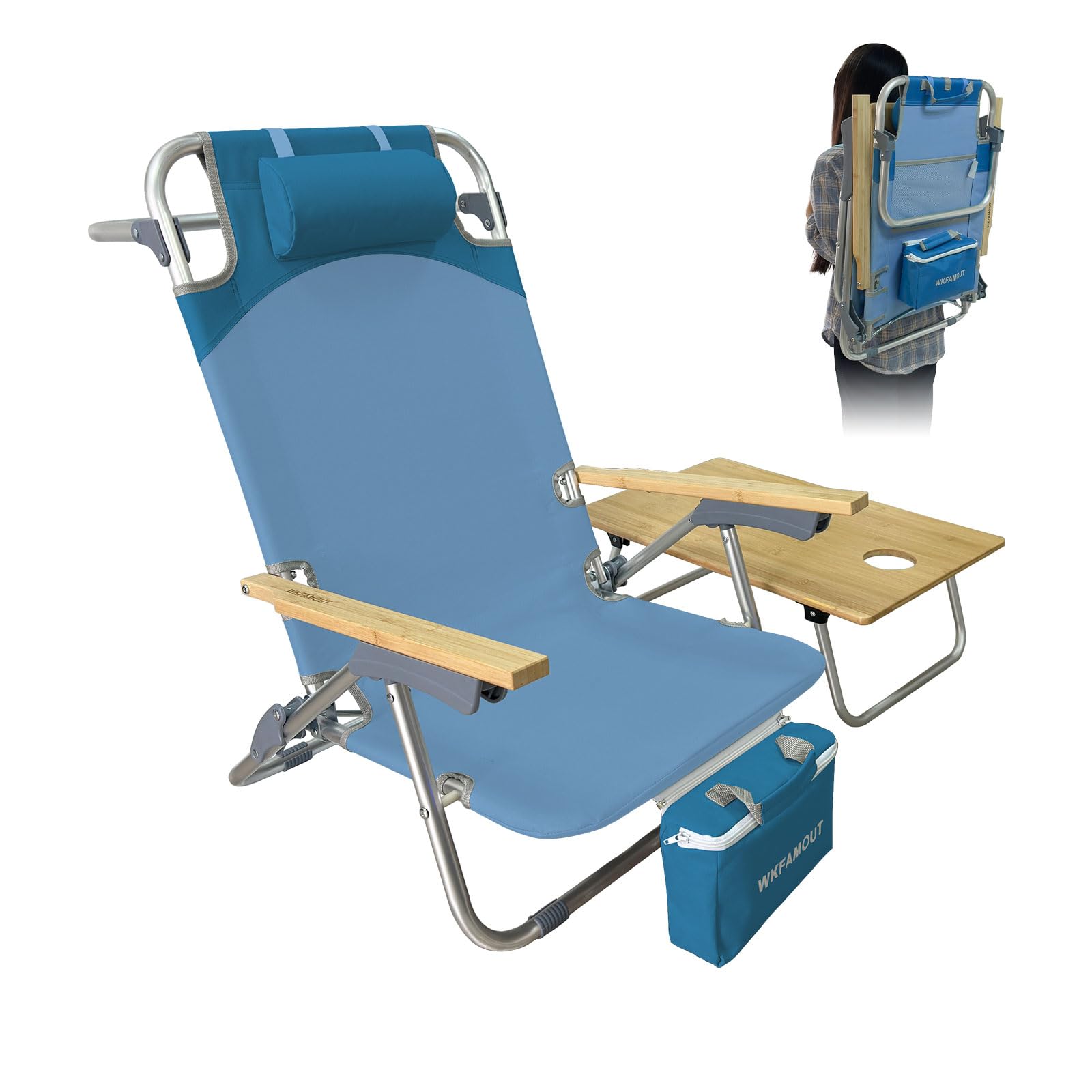 Folding Backpack Beach Chair Aluminum 5-Position with Samll Camping Table Bamboo Lay Flat Lounge Chair Outdoor for Adults with Insulated Cooler Bag