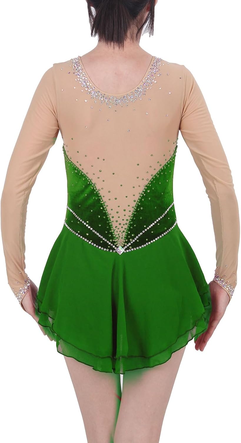 Figure Skating Dress Girls Long Sleeve Sparkly Rhinestone Breathable Ice Dance Competition Dress Women