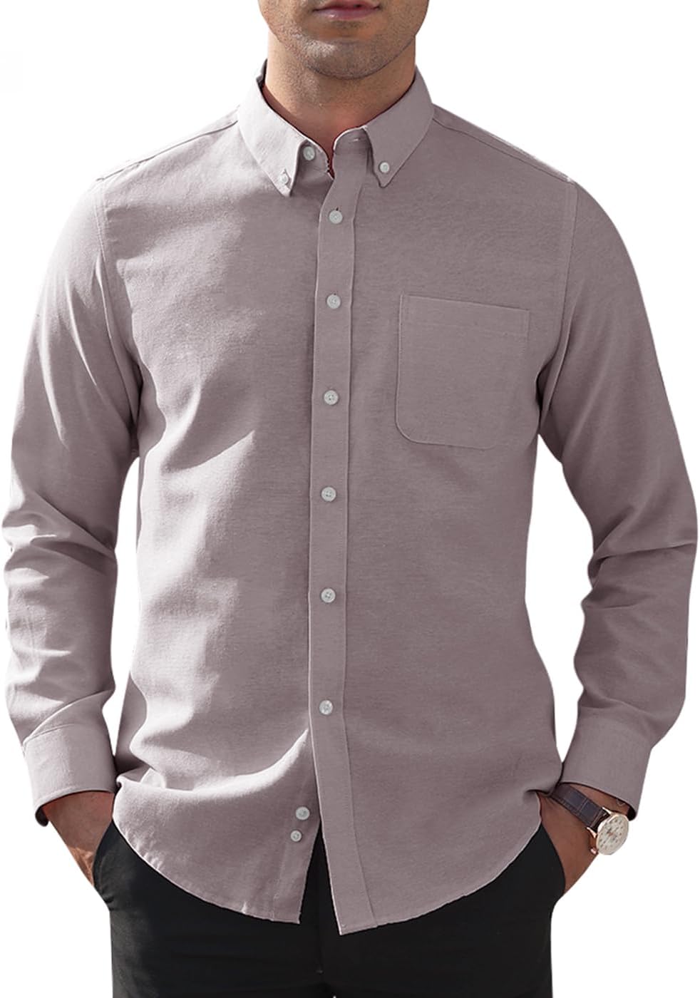 Men's Classic Oxford Shirt Solid Long Sleeve Button Down Casual Woven Shirts with Pocket