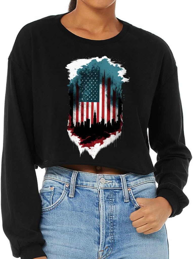 USA Flag Print Cropped Long Sleeve T-Shirt - Unique Gifts - American Themed Items