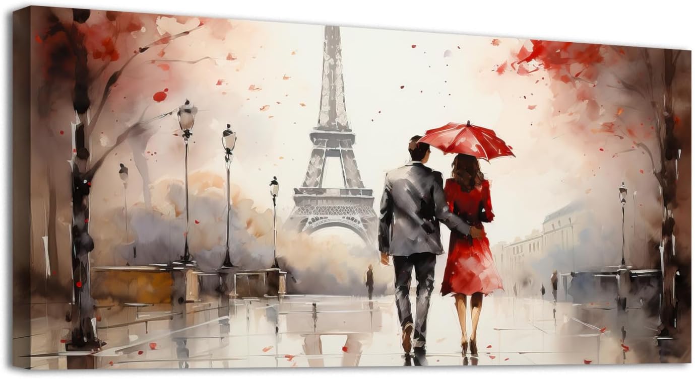 YONICA Abstract Canvas Wall Art for Home Office Decor - Paris Landscape with Red Umbrella Modern Cool Wall Painting Print On Canvas HD Giclee Artwork Ready to Hang 48'' L x 24'' W(120x60cm)