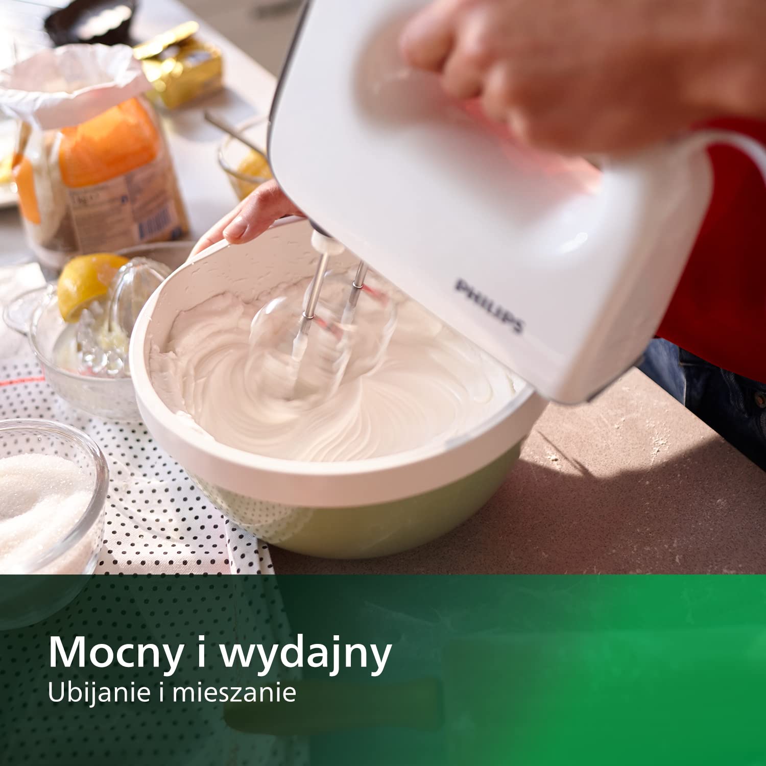 Philips Mikser Ręczny serii 5000, Moc 450 W, 5 Prędkości w tym Turbo, Skuteczne Miksowanie, Części Łatwe w Montażu, Trzepaczka ze stali nierdzewnej, Kolor Szaro-Biały (HR3741/00)