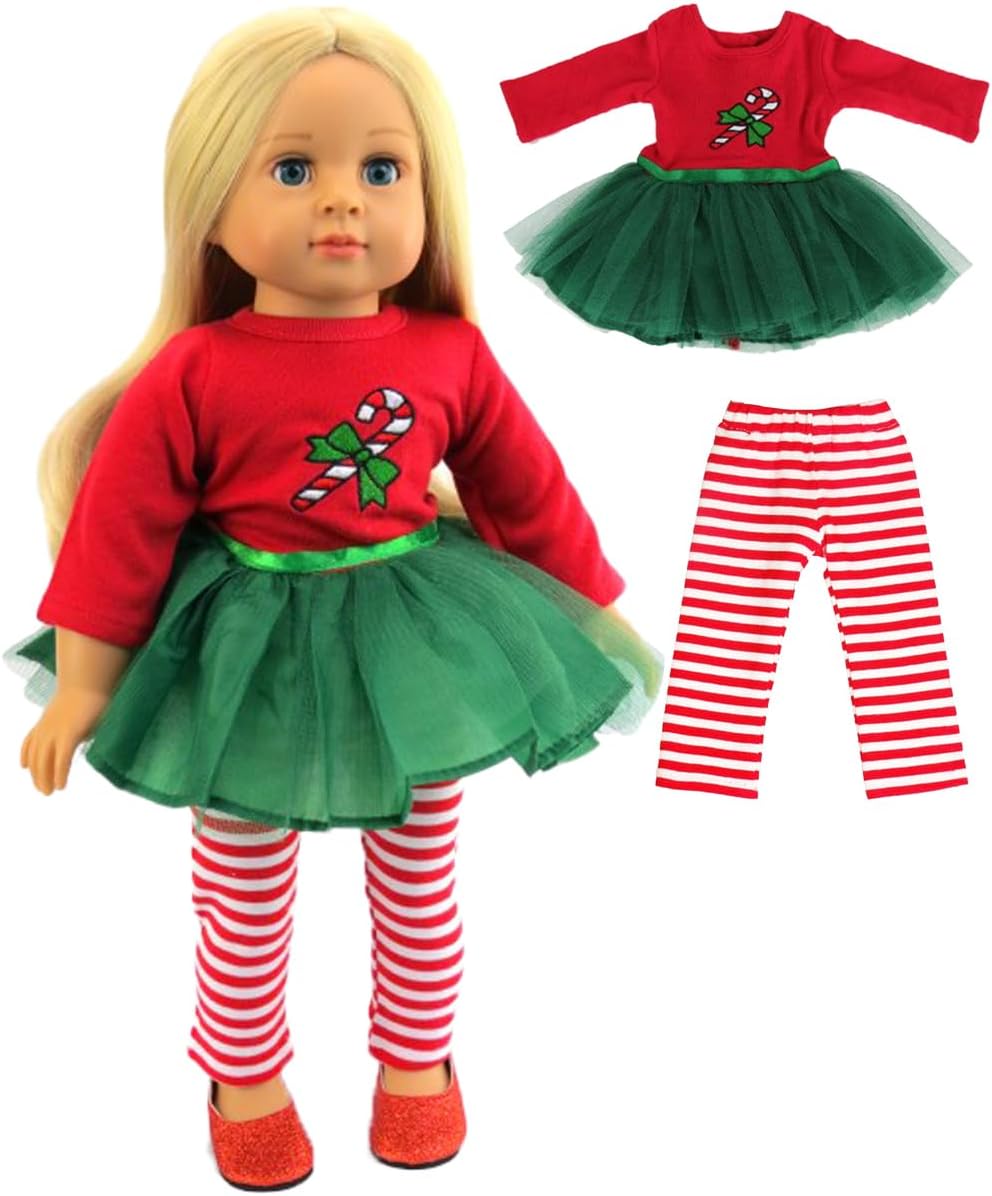 American Fashion World Candy Cane Tutu Dress Set for 18-Inch Dolls | Leggings Included |Premium Quality & Trendy Design | Dolls Clothes | Outfit Fashions for Dolls for Popular Brands