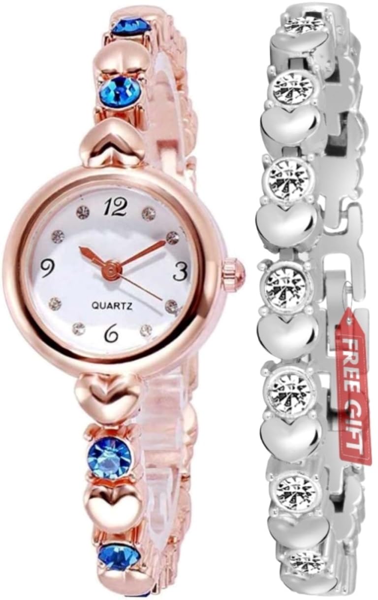 AcnosPremium Girl's Special Quality Different Heart Shape Bangle Analog Watch with Rose Gold Bracelet - Pack of 2