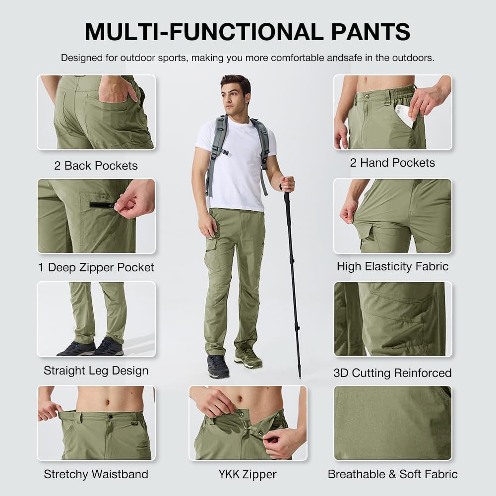 Men's Hiking Cargo Pants Lightweight Quick-Dry Waterproof Stretch Work Fishing Travel Outdoor Pants with 6 Pockets