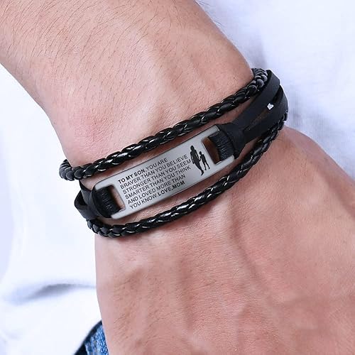 Miniatura 4 de To My Son Bracelet from Mom,Braided Leather Bracelet for Men,Personalized Gifts for Men,Mens Leather Bracelet Customized Gift for Son