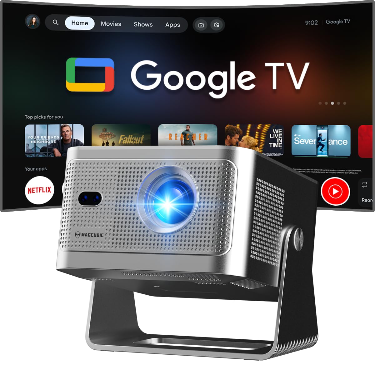 【Google TV & Offizielle Apps】 Proiettore 4k HY350GT, Full HD 1080P, 650 ANSI, Autofocus & Correzione Trapezoidale Automatica, Altoparlante 15W Dolby Audio, WiFi 5, BT 5.1, Proiettore Portatile 180°